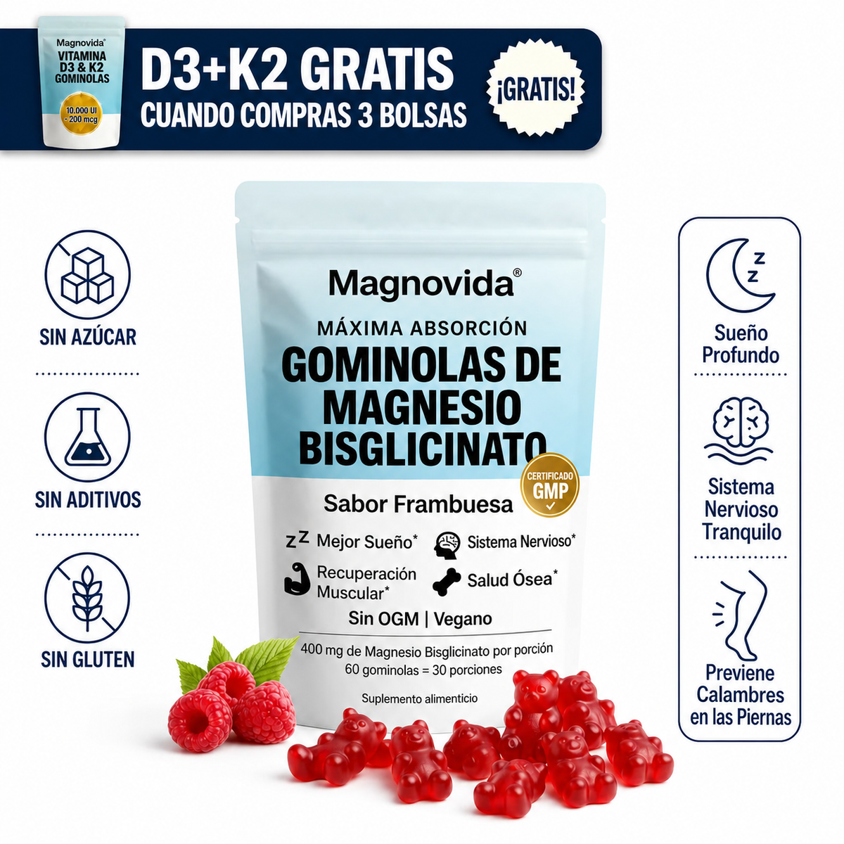 Gominolas de Magnesio Bisglicinato Magnovida — bolsa con gominolas y frambuesas